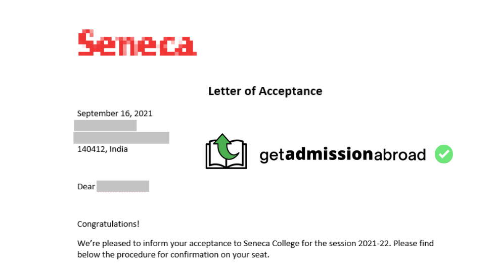 seneca approval letter get admission abroad